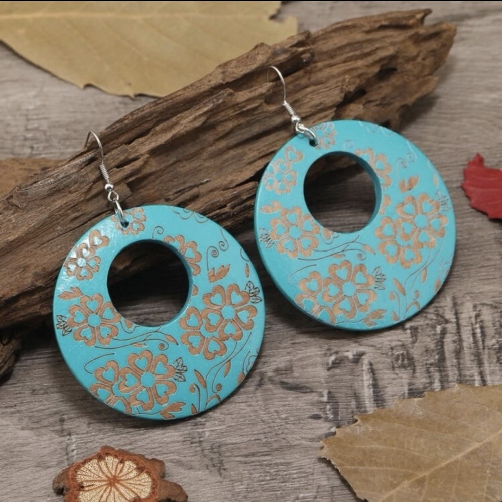 Bohemian Turquoise Floral Wooden Round Hoop Earrings